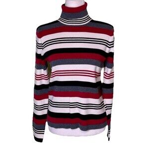 Women Red White Ribbed Stripe Turtleneck Knit Top 90s Preppy Classic Style Sz XL